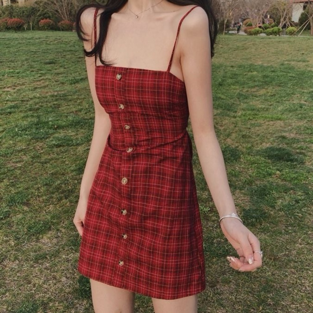 Button Front Tie Back Tartan Cami Dress
